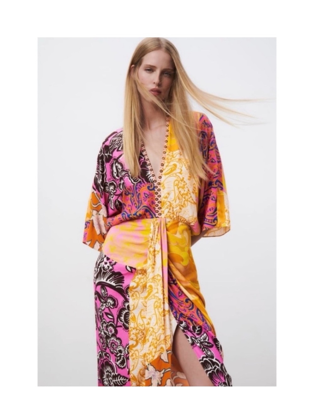 Zara Pink & Yellow Floral Paisley Wrap Dress